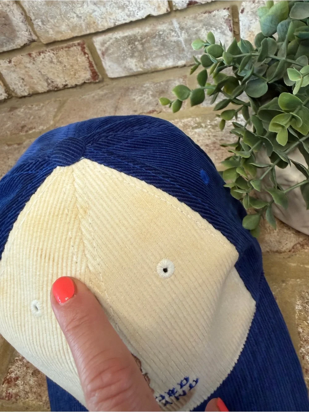 Vintage | Blue and Cream Corduroy Baseball Hat with Sun Embroidery